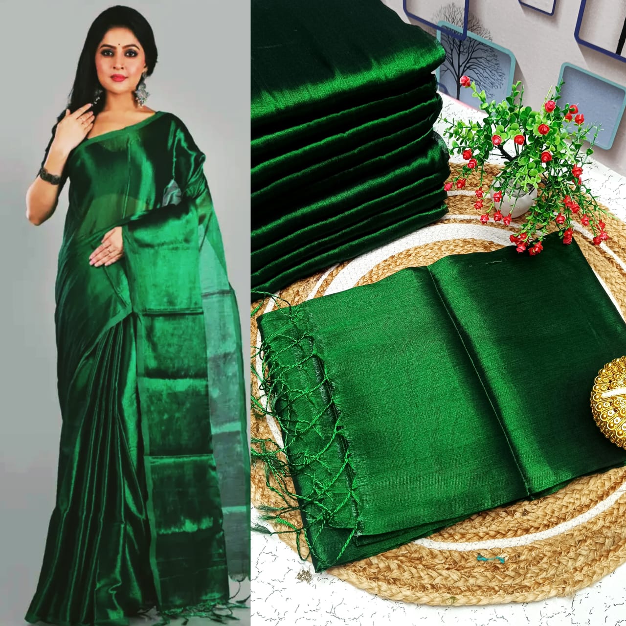 Elegant Plain Tissue Soft Silk Saree