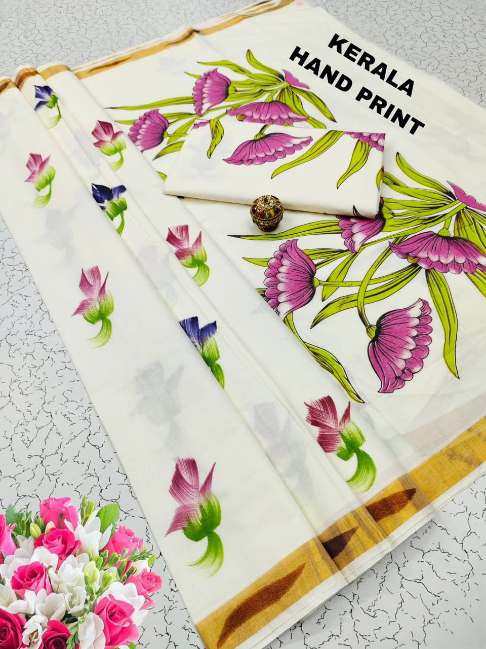 Traditional Kerala Hand Printed Saree