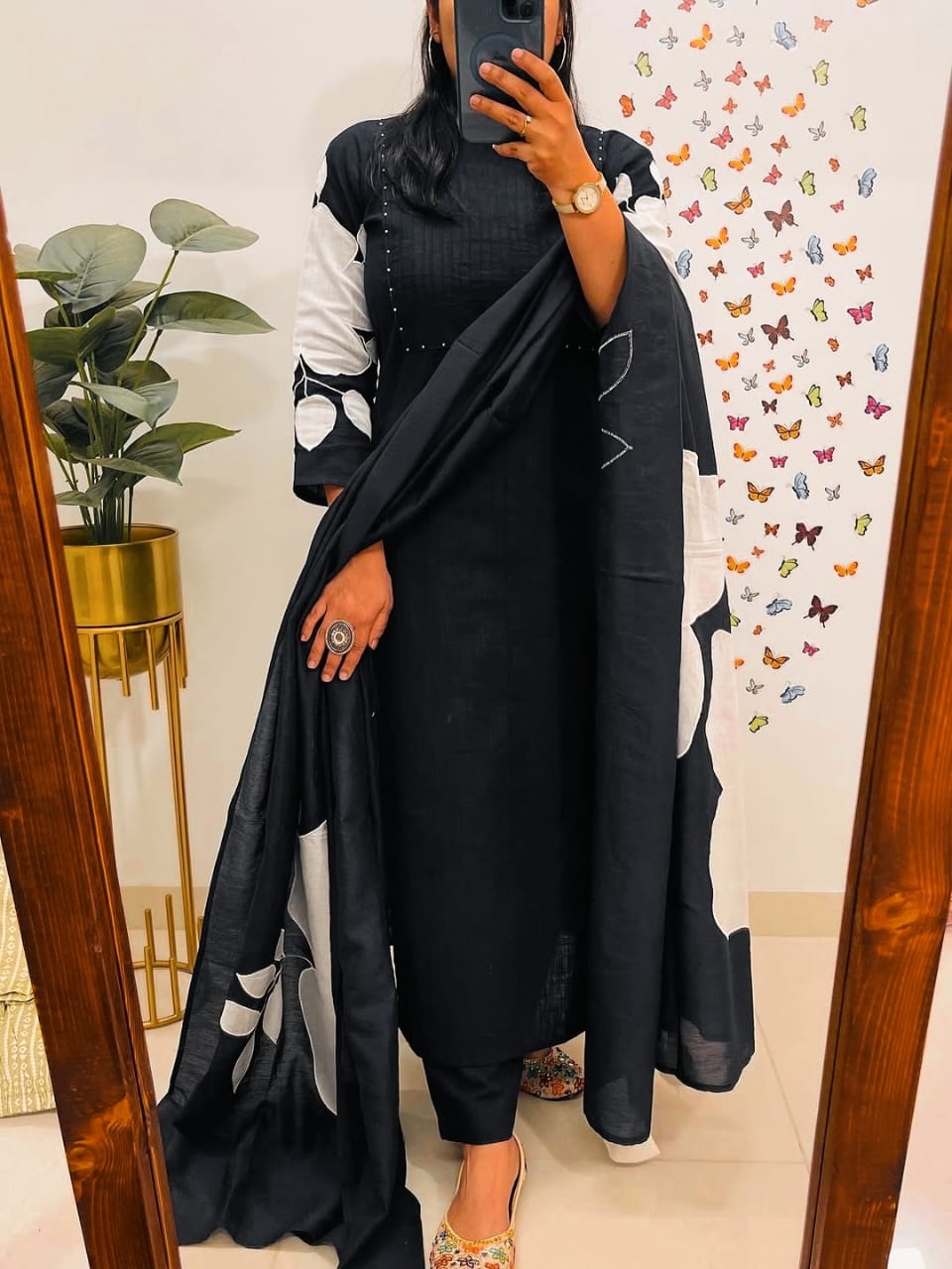 Elegant Black Cotton Discharge Print Kurti Set with Mulmul Dupatta