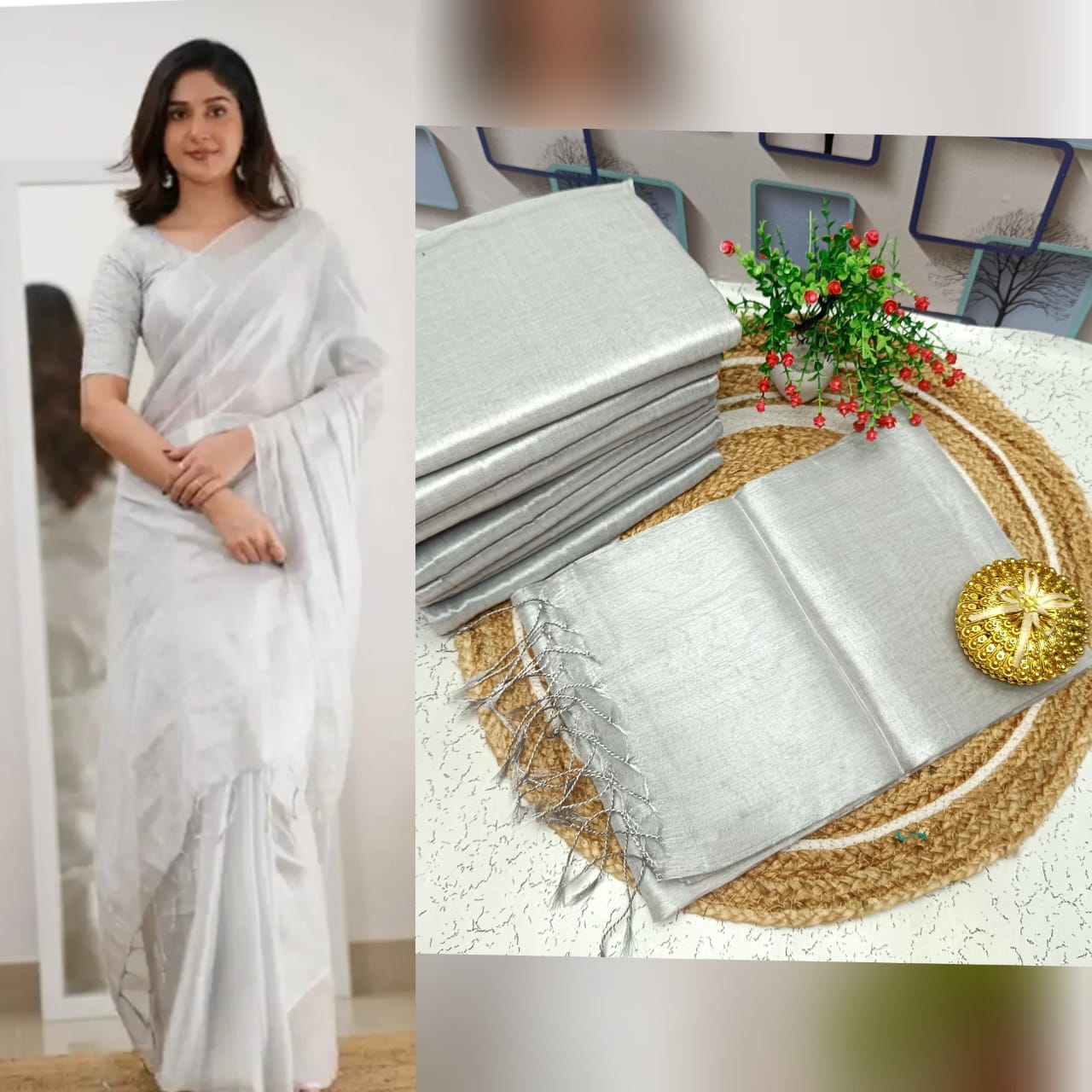 Elegant Plain Tissue Soft Silk Saree