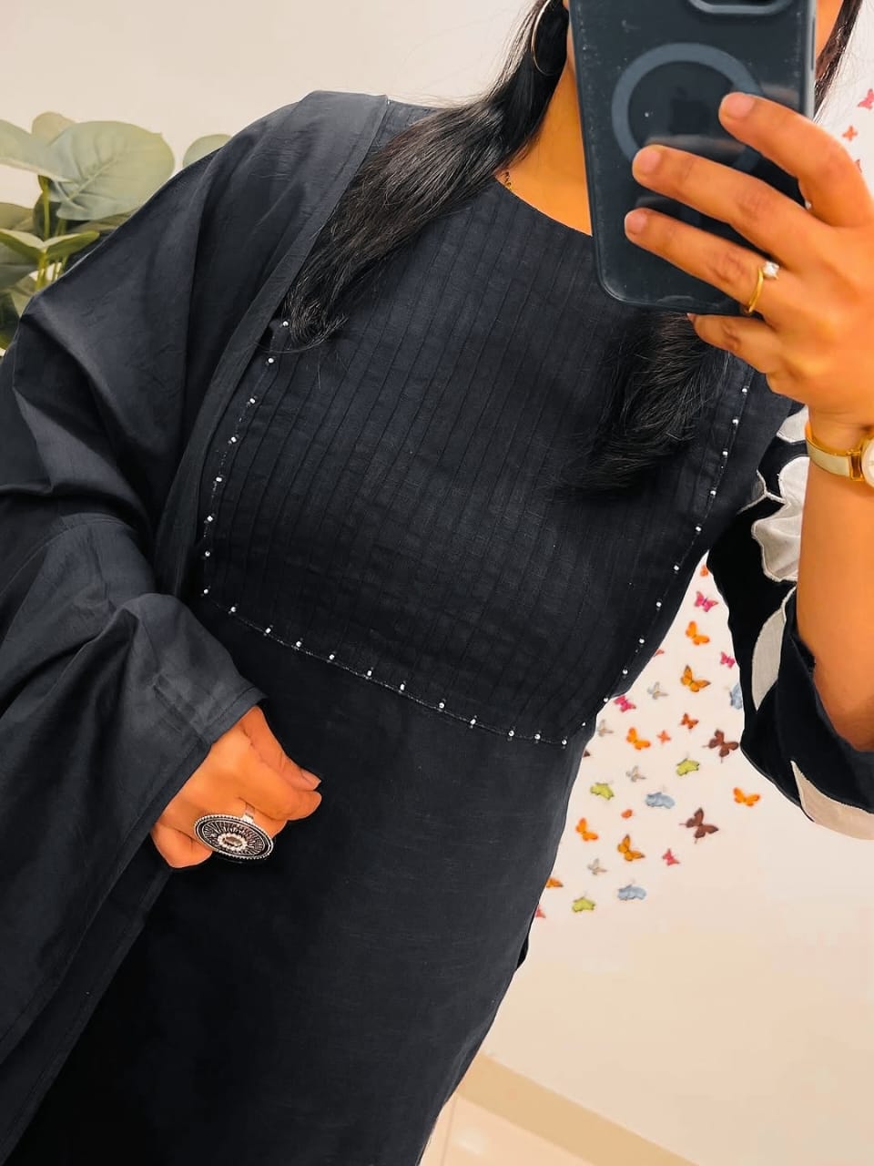 Elegant Black Cotton Discharge Print Kurti Set with Mulmul Dupatta