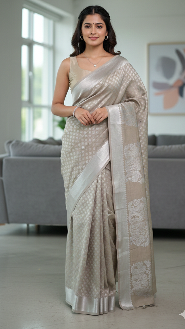 Royal Silver Zari Woven Soft Silk Saree