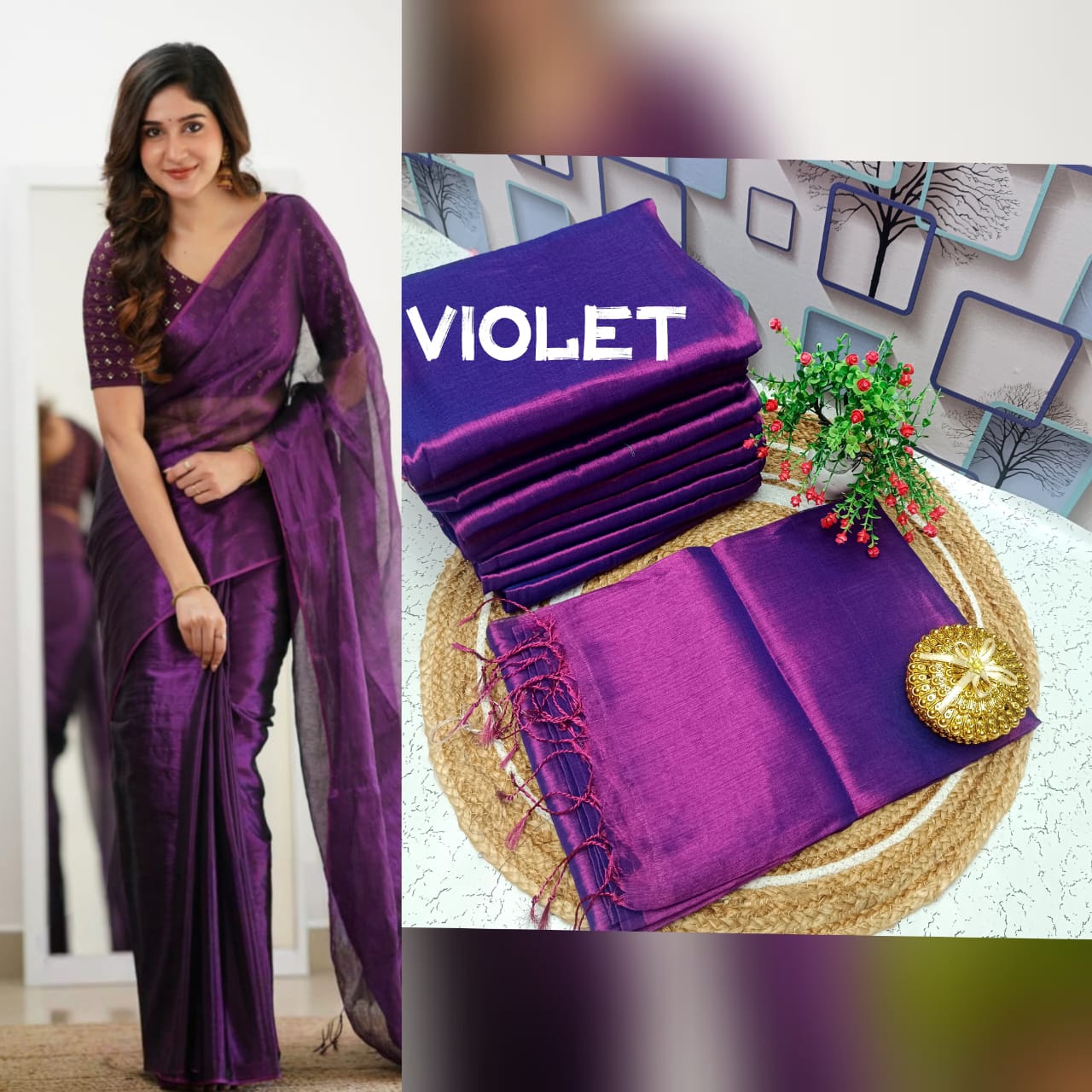 Elegant Plain Tissue Soft Silk Saree