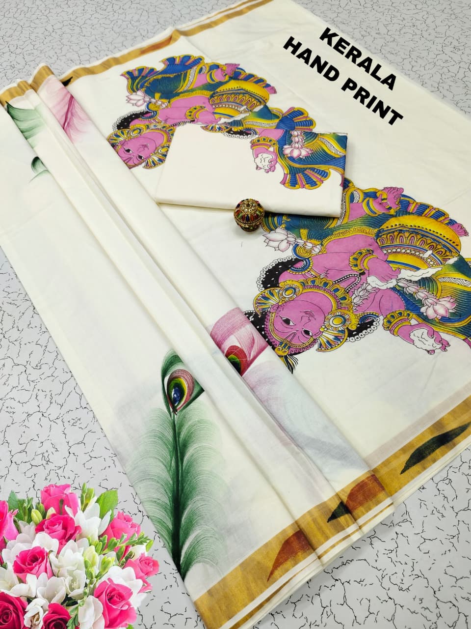 Traditional Kerala Hand Printed Saree