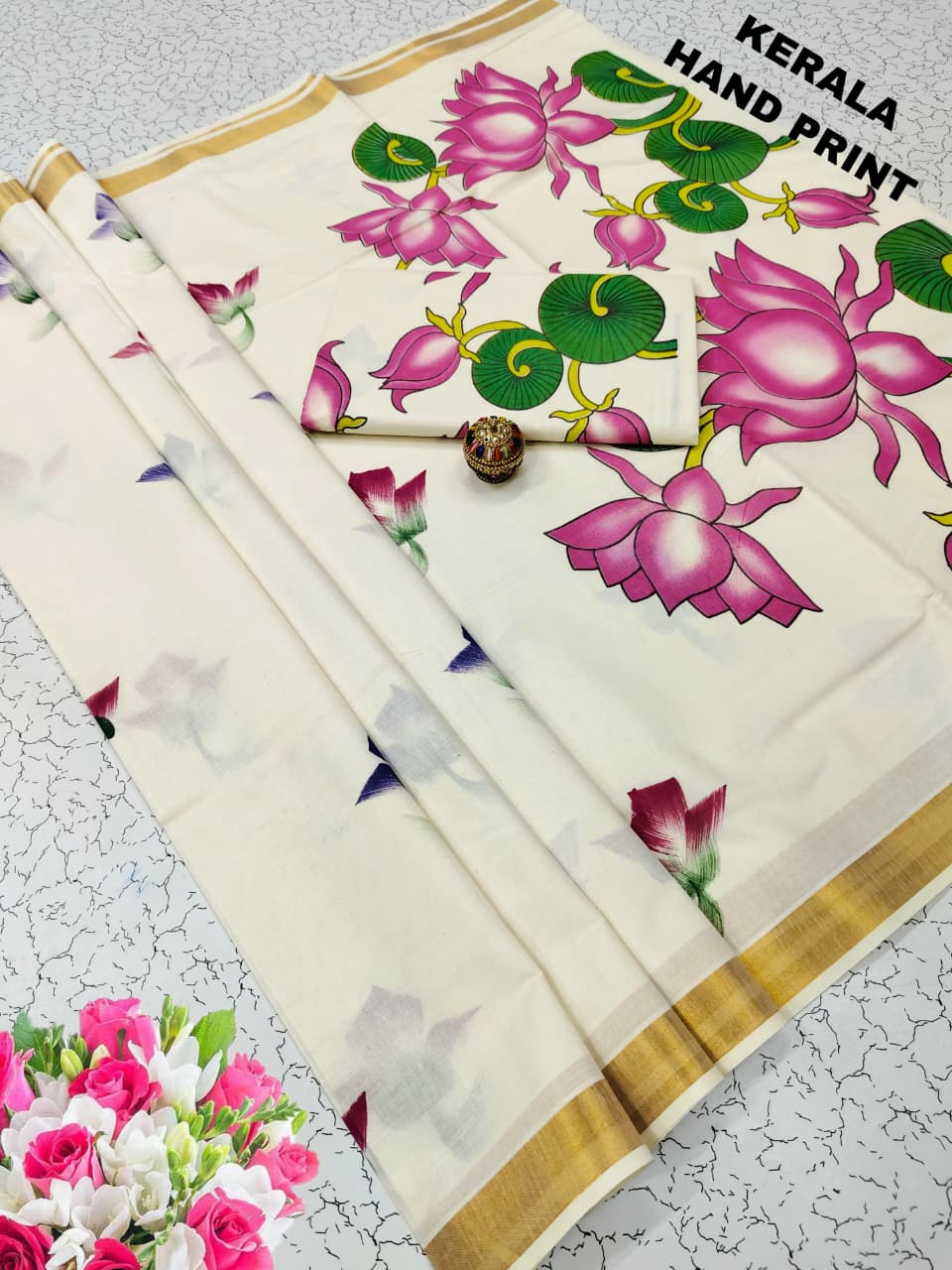 Traditional Kerala Hand Printed Saree