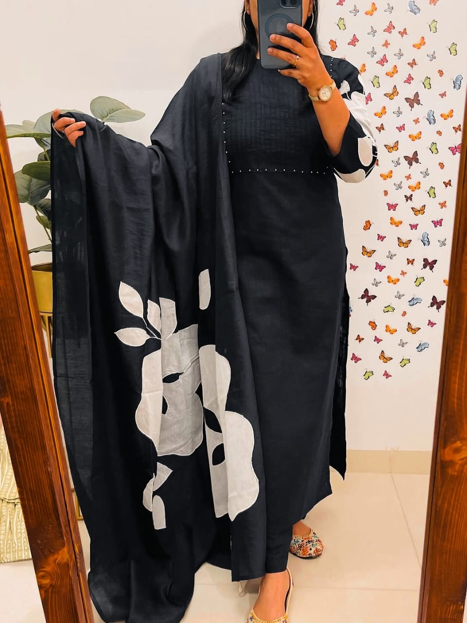 Elegant Black Cotton Discharge Print Kurti Set with Mulmul Dupatta