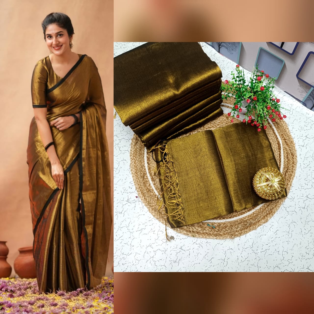 Elegant Plain Tissue Soft Silk Saree